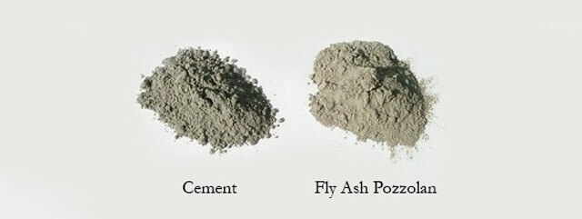 Puzolanlı çimento renk olarak portland çimentosuna göre farklılık gösterir. Fotoğrafta Uçucu Kül katkılı ve Katkısız Çimento görülüyor.